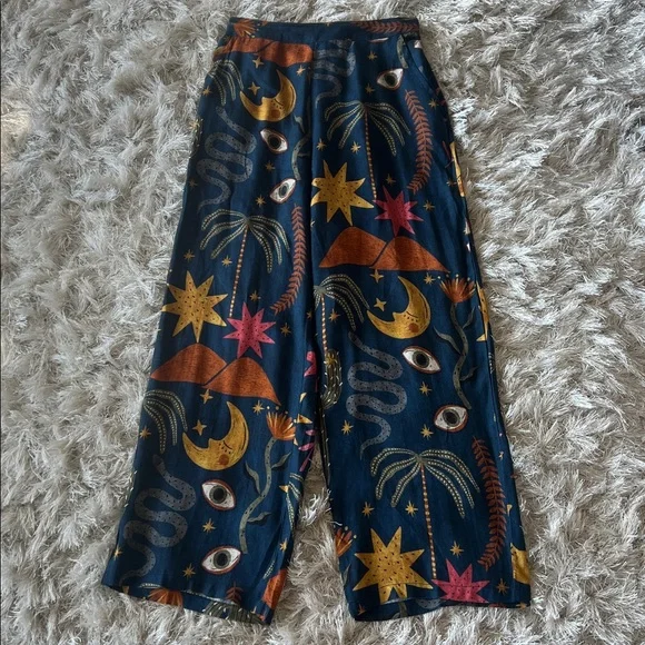 Celestial Print Bohemian Hippie Woman’s Flare Small Trousers in Blue & Orange - Picture 3 of 7